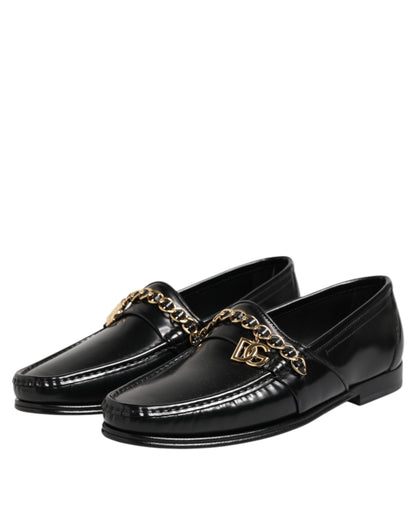 Dolce &amp; Gabbana Black Leather Chain Slip On Loafers Men Dress Shoes