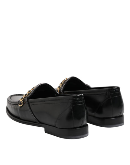 Dolce &amp; Gabbana Black Leather Chain Slip On Loafers Men Dress Shoes