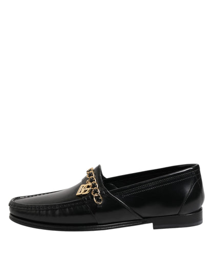 Dolce &amp; Gabbana Black Leather Chain Slip On Loafers Men Dress Shoes