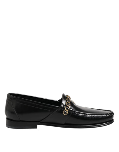 Dolce &amp; Gabbana Black Leather Chain Slip On Loafers Men Dress Shoes