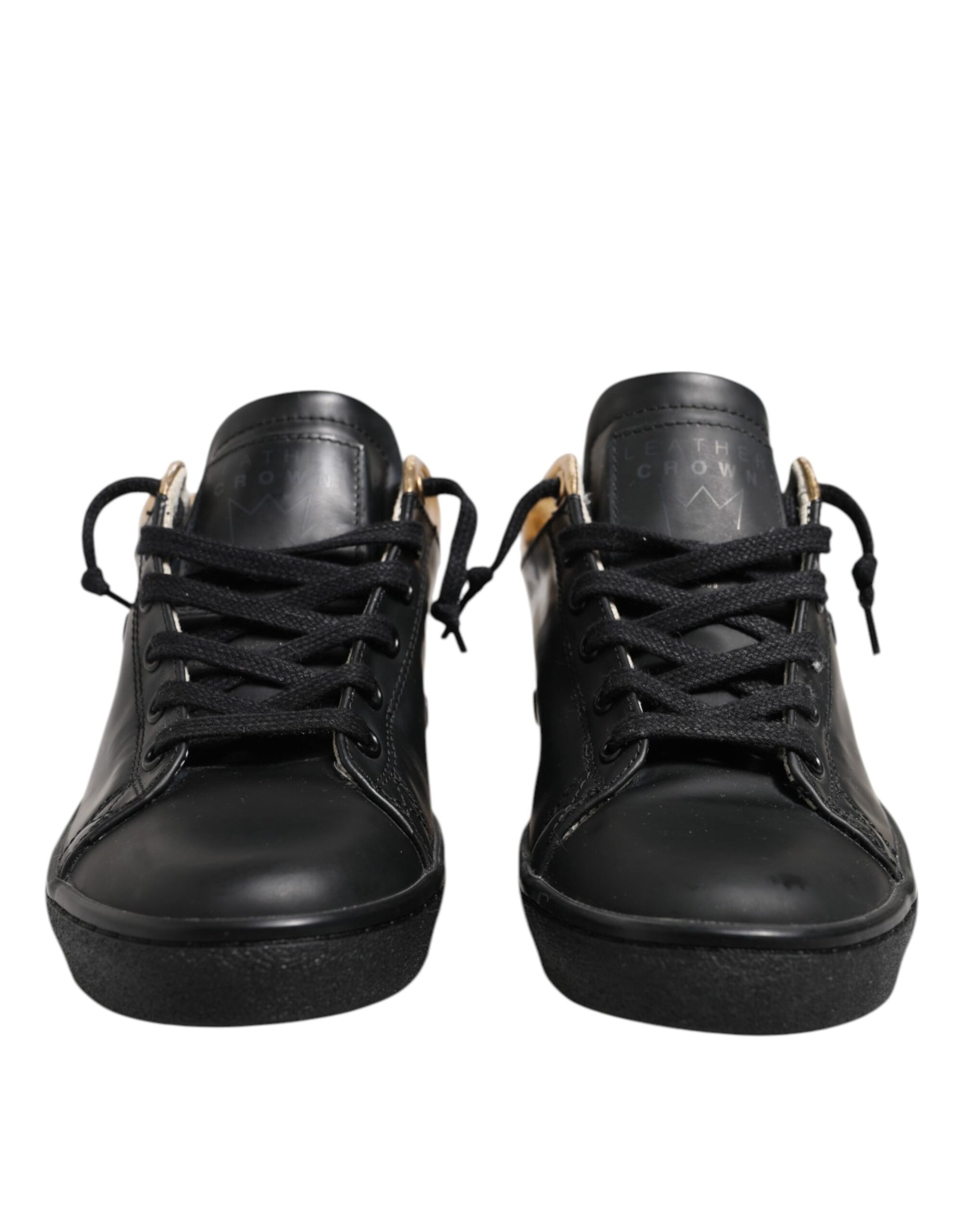 Leather Crown Black Gold Lace Up Low Top Women Sneakers Shoes by Leather Crown