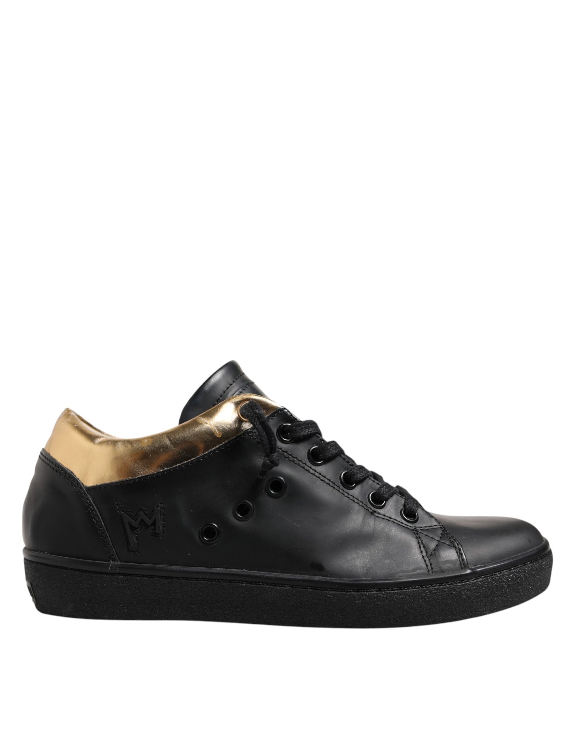 Leather Crown Black Gold Lace Up Low Top Women Sneakers Shoes by Leather Crown
