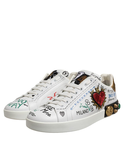 Dolce &amp; Gabbana White Stud Heart Embellished Sneakers Shoes