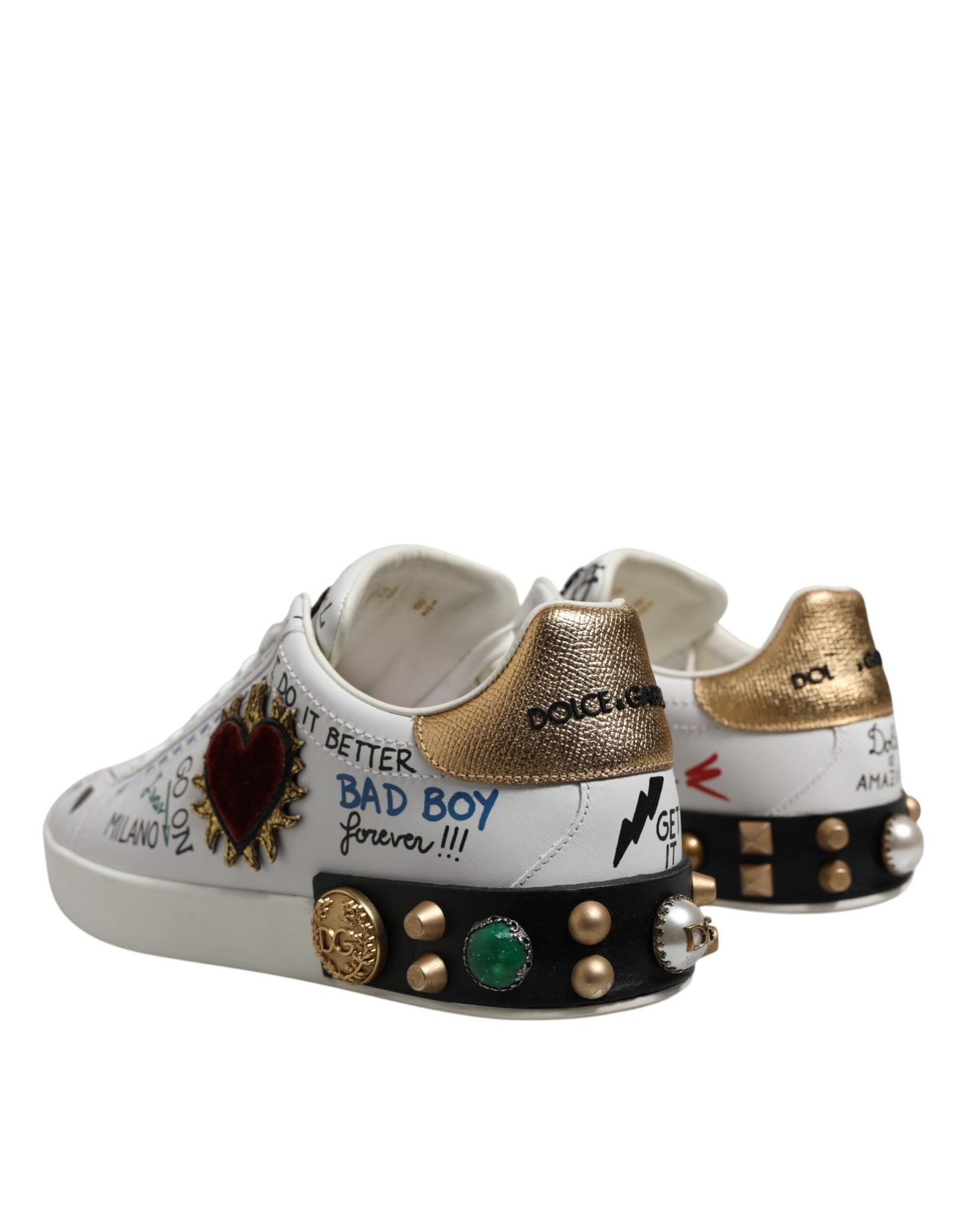 Dolce &amp; Gabbana White Stud Heart Embellished Sneakers Shoes