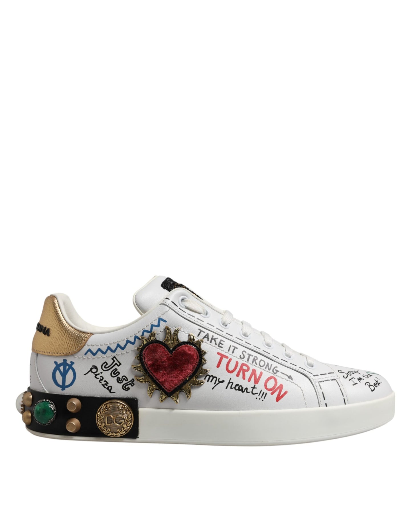 Dolce &amp; Gabbana White Stud Heart Embellished Sneakers Shoes