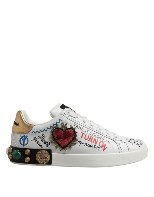 Dolce &amp; Gabbana White Stud Heart Embellished Sneakers Shoes
