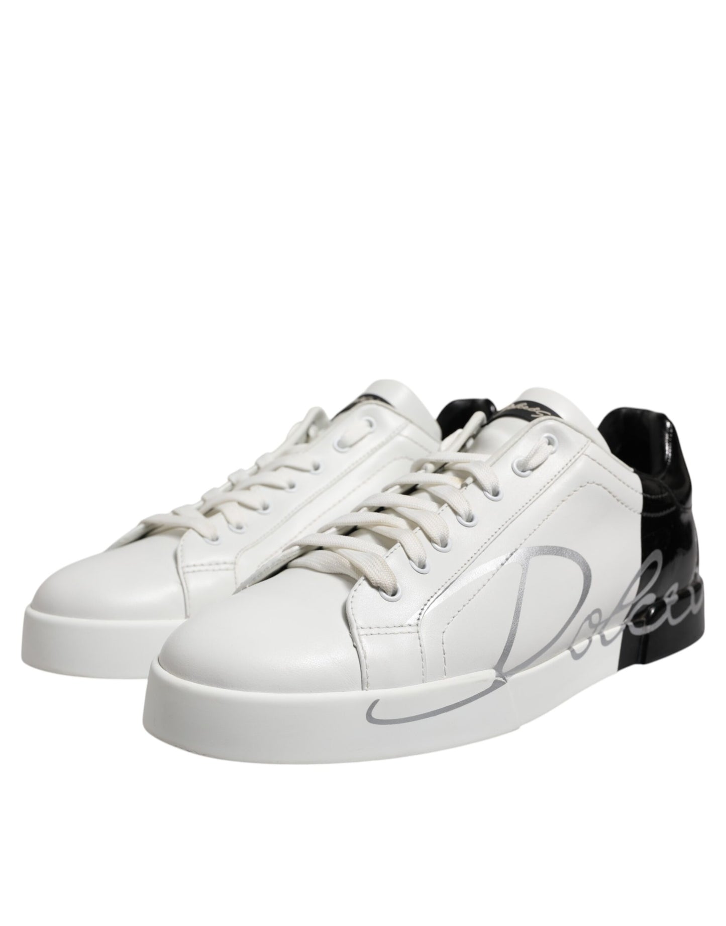 Dolce & Gabbana White Black Logo Low Top Leather Sneakers Shoes by Dolce & Gabbana