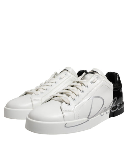 Dolce & Gabbana White Black Logo Low Top Leather Sneakers Shoes by Dolce & Gabbana