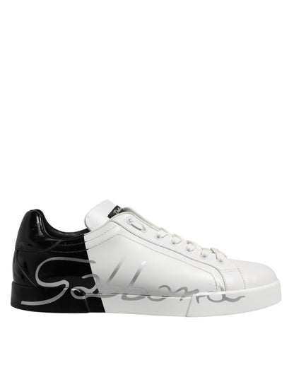 Dolce & Gabbana White Black Logo Low Top Leather Sneakers Shoes by Dolce & Gabbana