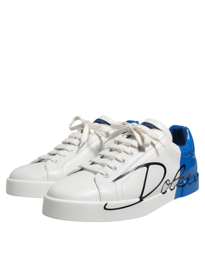 Dolce & Gabbana White Blue Low Top Leather Sneakers Shoes by Dolce & Gabbana