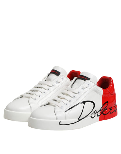Dolce & Gabbana White Red Logo Low Top Leather Sneakers Shoes by Dolce & Gabbana