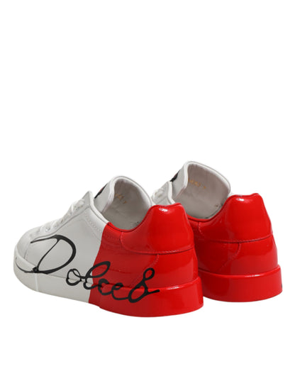 Dolce & Gabbana White Red Logo Low Top Leather Sneakers Shoes by Dolce & Gabbana