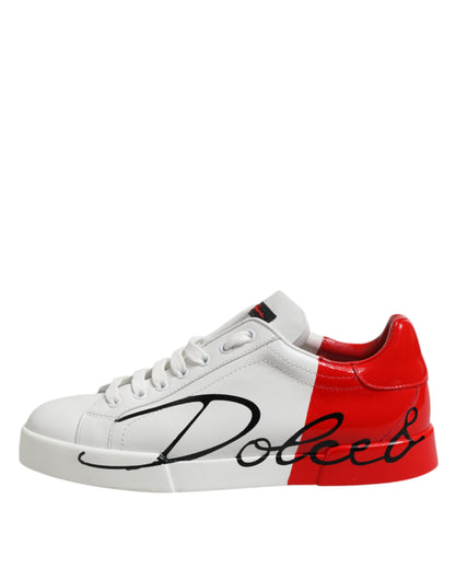 Dolce & Gabbana White Red Logo Low Top Leather Sneakers Shoes by Dolce & Gabbana