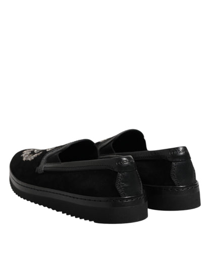 Dolce &amp; Gabbana Black Embroidered Crown Loafers Shoes