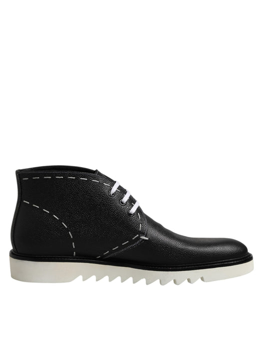 Dolce & Gabbana Black White Leather Ankle Boots Shoes by Dolce & Gabbana