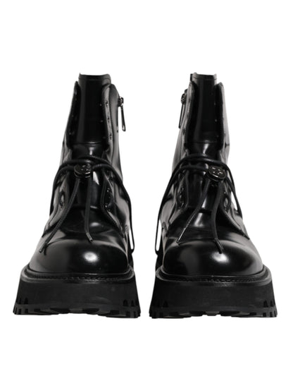 Dolce & Gabbana Black Leather Logo Ankle Boots Lace Up Shoes by Dolce & Gabbana