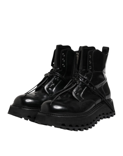 Dolce & Gabbana Black Leather Logo Ankle Boots Lace Up Shoes by Dolce & Gabbana
