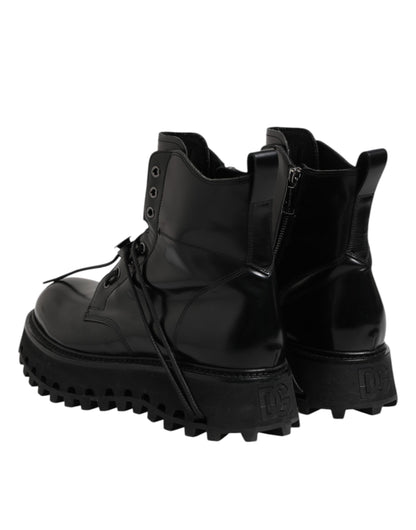 Dolce & Gabbana Black Leather Logo Ankle Boots Lace Up Shoes by Dolce & Gabbana