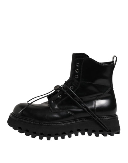Dolce & Gabbana Black Leather Logo Ankle Boots Lace Up Shoes by Dolce & Gabbana