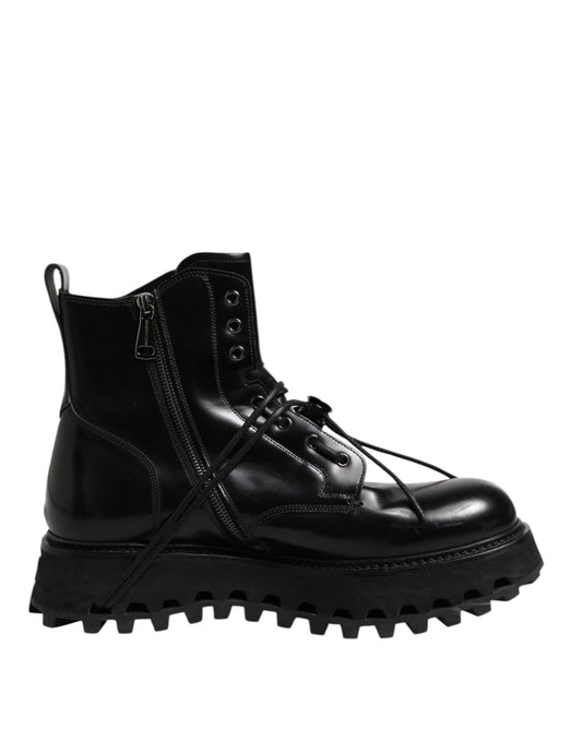 Dolce & Gabbana Black Leather Logo Ankle Boots Lace Up Shoes by Dolce & Gabbana