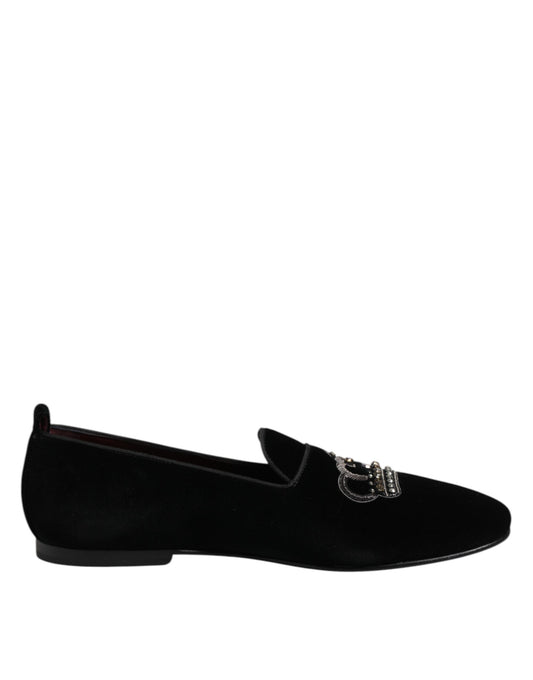 Mocassins Dolce &amp; Gabbana en velours noir avec couronne en cristal