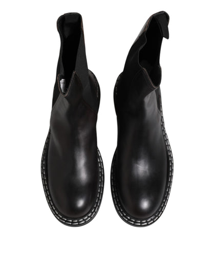 Dolce & Gabbana Black Leather Mid Calf Boots Flats Shoes by Dolce & Gabbana