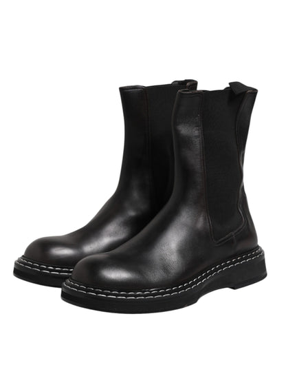 Dolce & Gabbana Black Leather Mid Calf Boots Flats Shoes by Dolce & Gabbana
