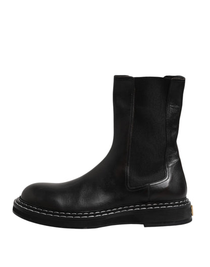 Dolce & Gabbana Black Leather Mid Calf Boots Flats Shoes by Dolce & Gabbana