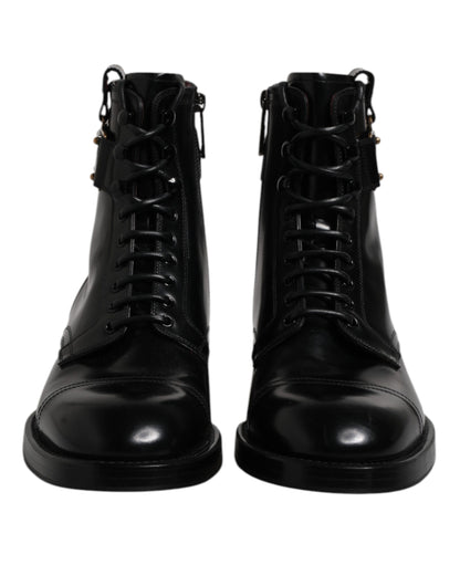 Dolce & Gabbana Black Leather Mid Calf Boots Lace Up Shoes by Dolce & Gabbana