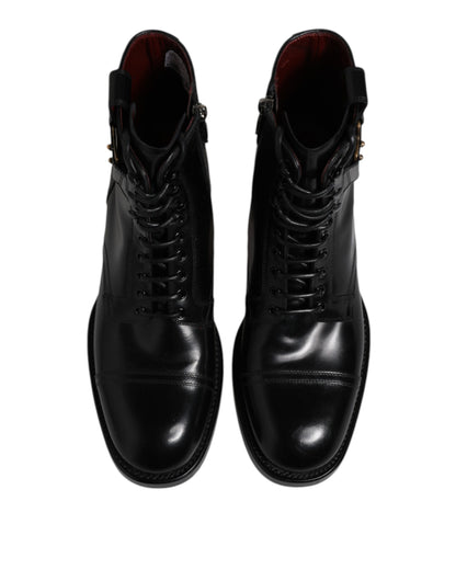 Dolce & Gabbana Black Leather Mid Calf Boots Lace Up Shoes by Dolce & Gabbana