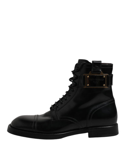 Dolce & Gabbana Black Leather Mid Calf Boots Lace Up Shoes by Dolce & Gabbana