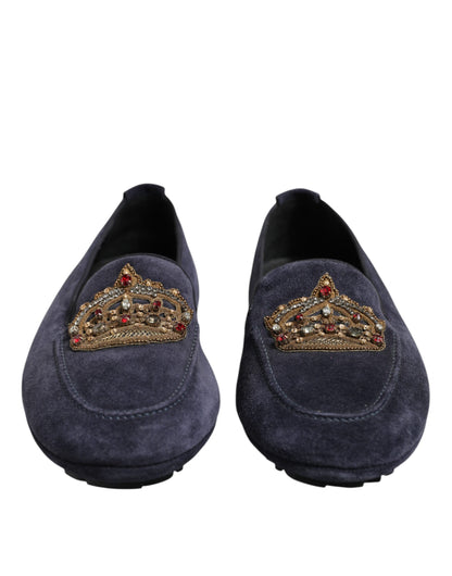 Dolce &amp; Gabbana Blue Suede Crown Crystal Loafers Dress Shoes