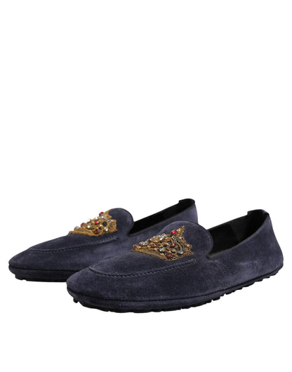 Dolce &amp; Gabbana Blue Suede Crown Crystal Loafers Dress Shoes