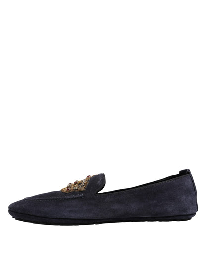 Dolce &amp; Gabbana Blue Suede Crown Crystal Loafers Dress Shoes