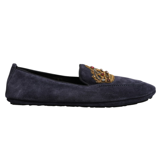Dolce &amp; Gabbana Blue Suede Crown Crystal Loafers Dress Shoes