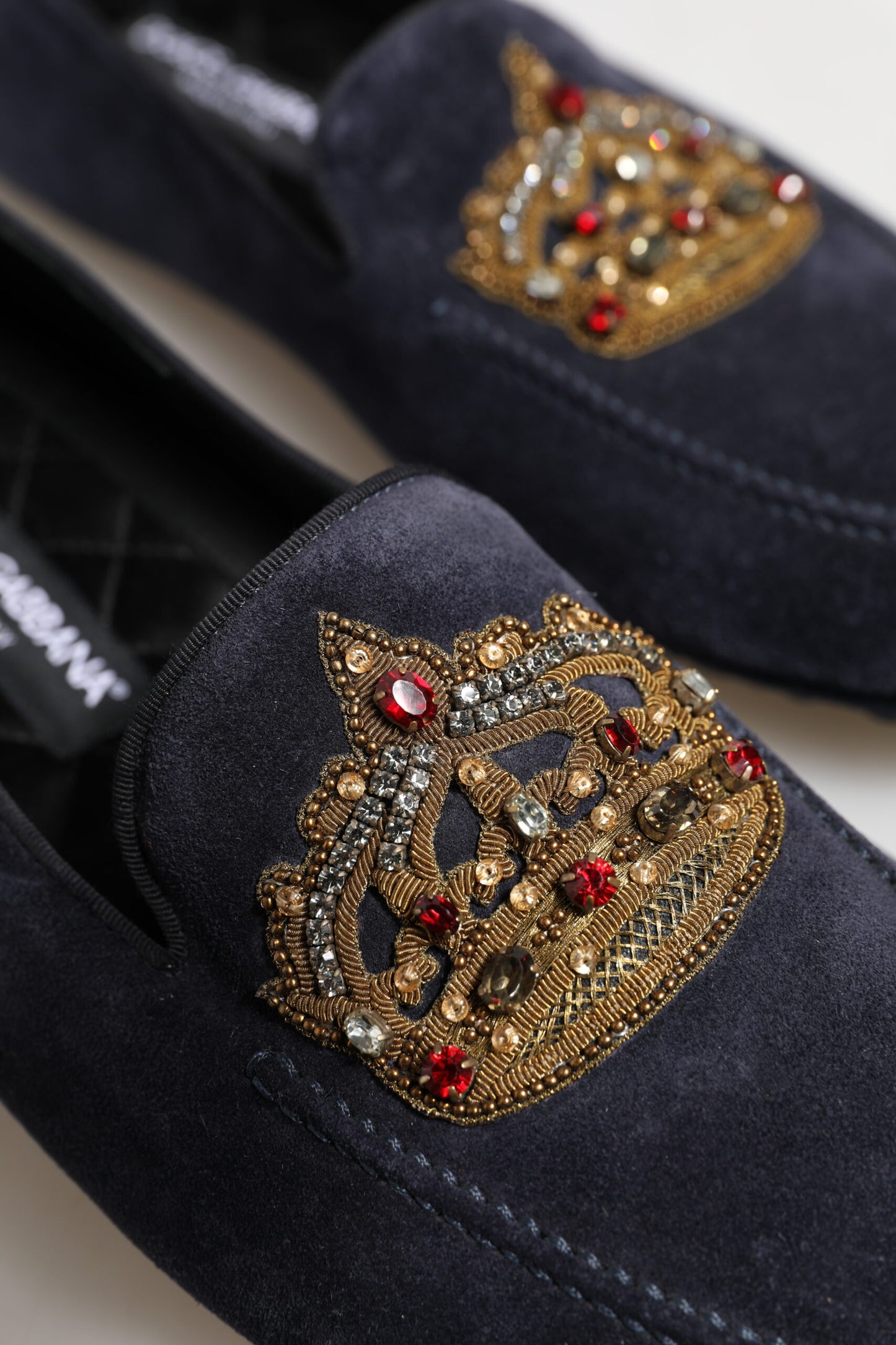 Dolce &amp; Gabbana Blue Suede Crown Crystal Loafers Dress Shoes