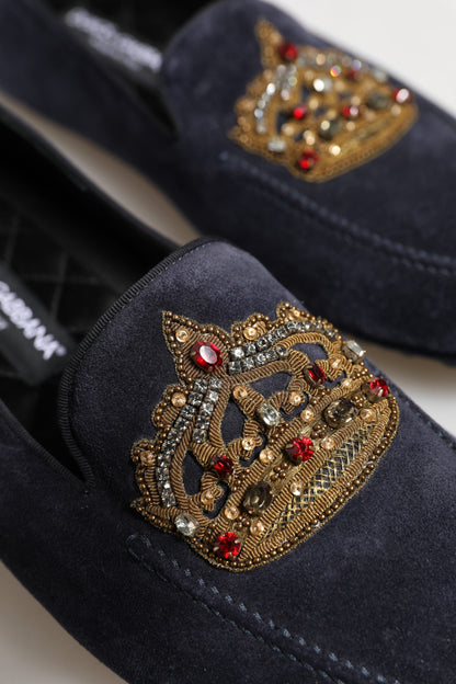 Dolce &amp; Gabbana Blue Suede Crown Crystal Loafers Dress Shoes