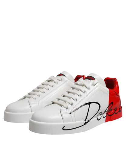 Dolce & Gabbana White Red Logo Low Top Leather Sneakers Shoes by Dolce & Gabbana