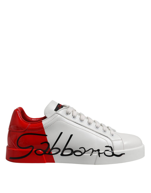 Dolce & Gabbana White Red Logo Low Top Leather Sneakers Shoes by Dolce & Gabbana