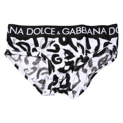 Dolce &amp; Gabbana Black White Logo Print Regular Brief Underwear