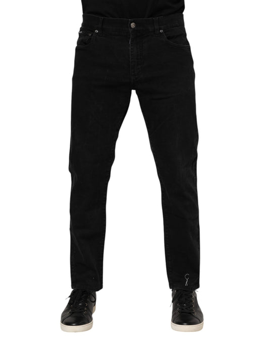 Jean slim en coton noir avec plaque logo Dolce &amp; Gabbana