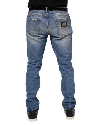 Jean en denim bleu délavé avec plaque logo Dolce &amp; Gabbana