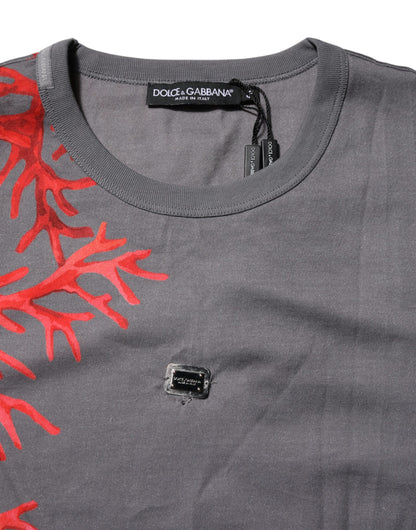 T-shirt Dolce &amp; Gabbana en coton gris avec plaque logo et imprimé corail