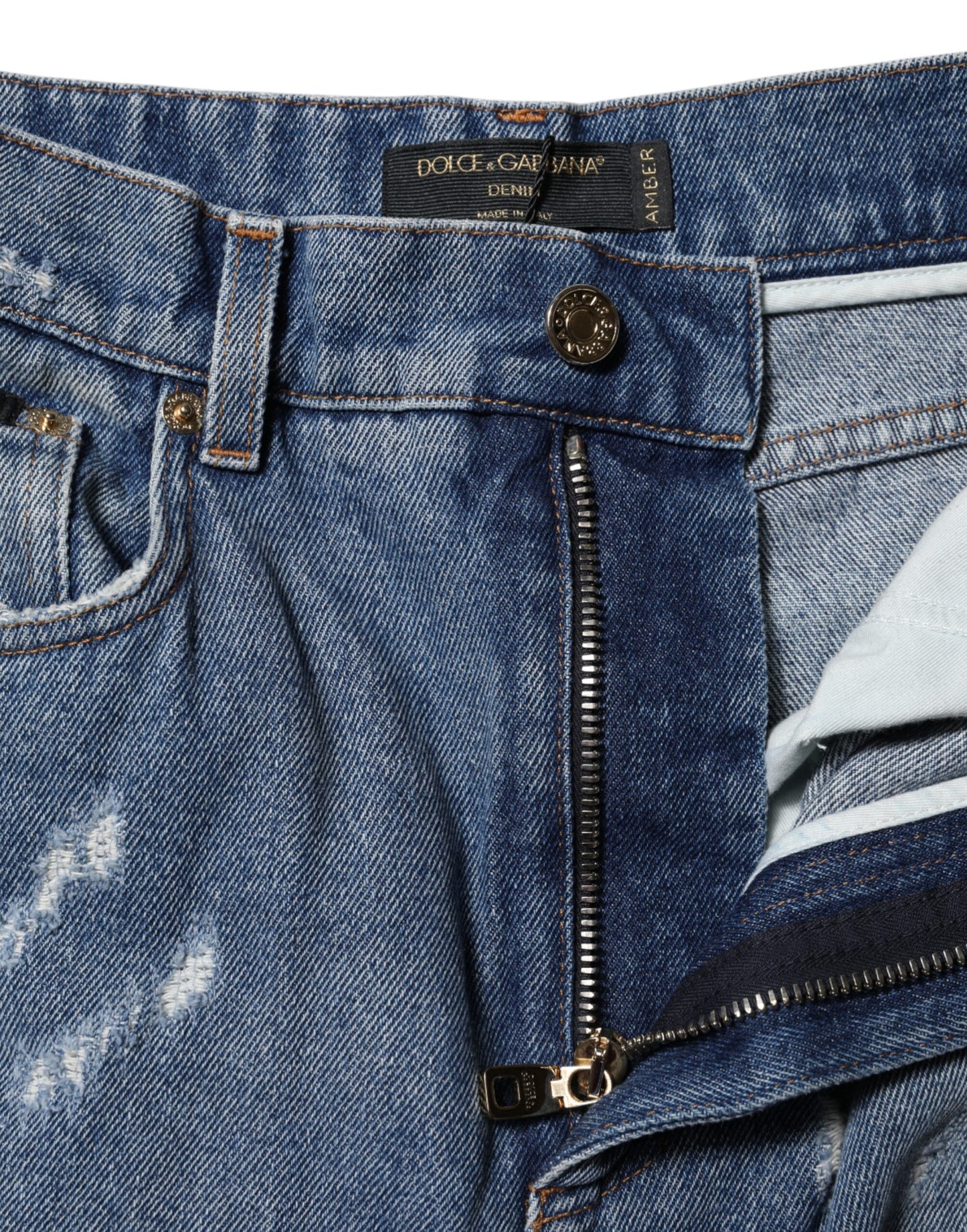 Dolce &amp; Gabbana Blue Cotton Tattered High Waist Denim Jeans