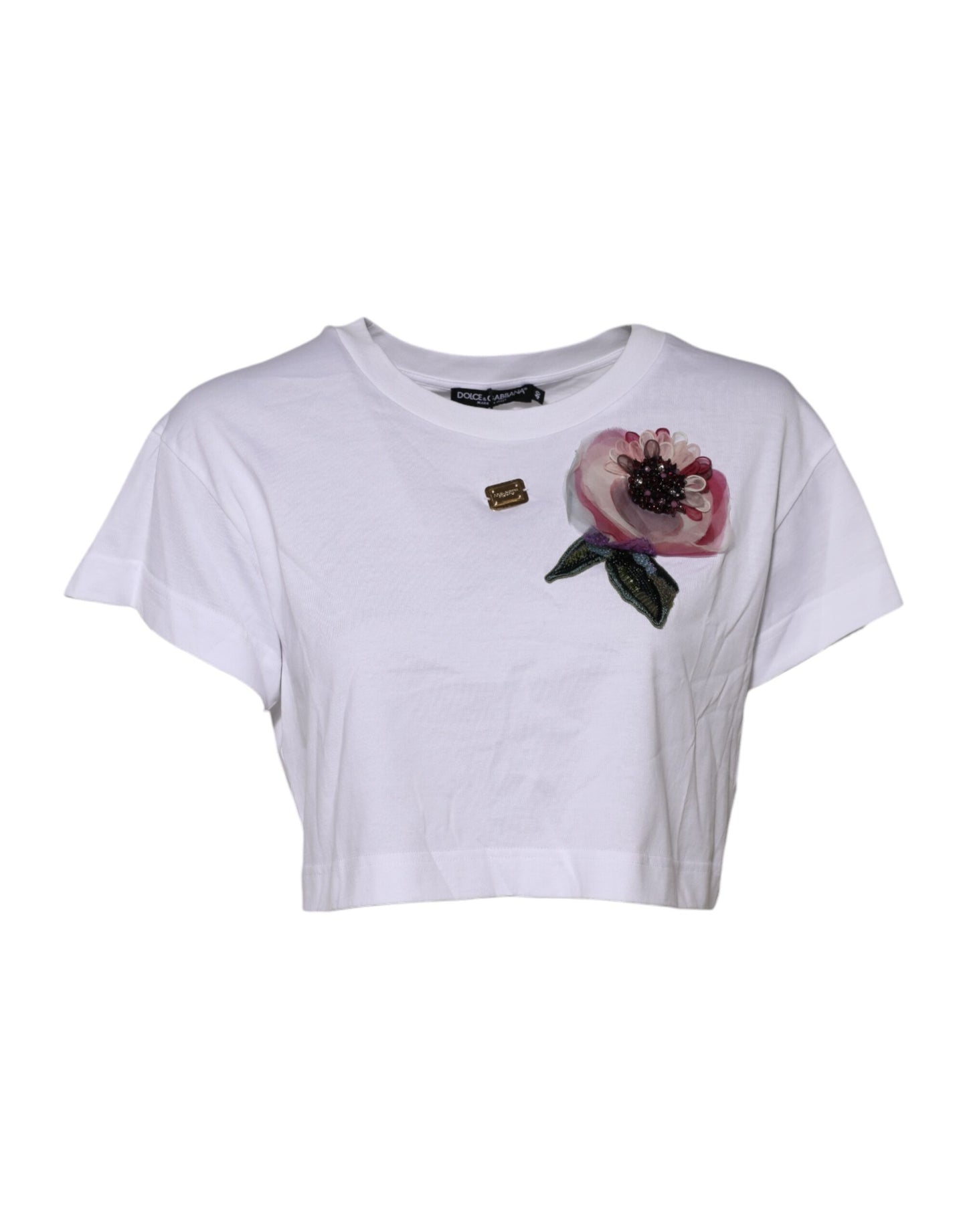 Dolce & Gabbana White Floral Lace DG Detailing Cropped T-shirt by Dolce & Gabbana