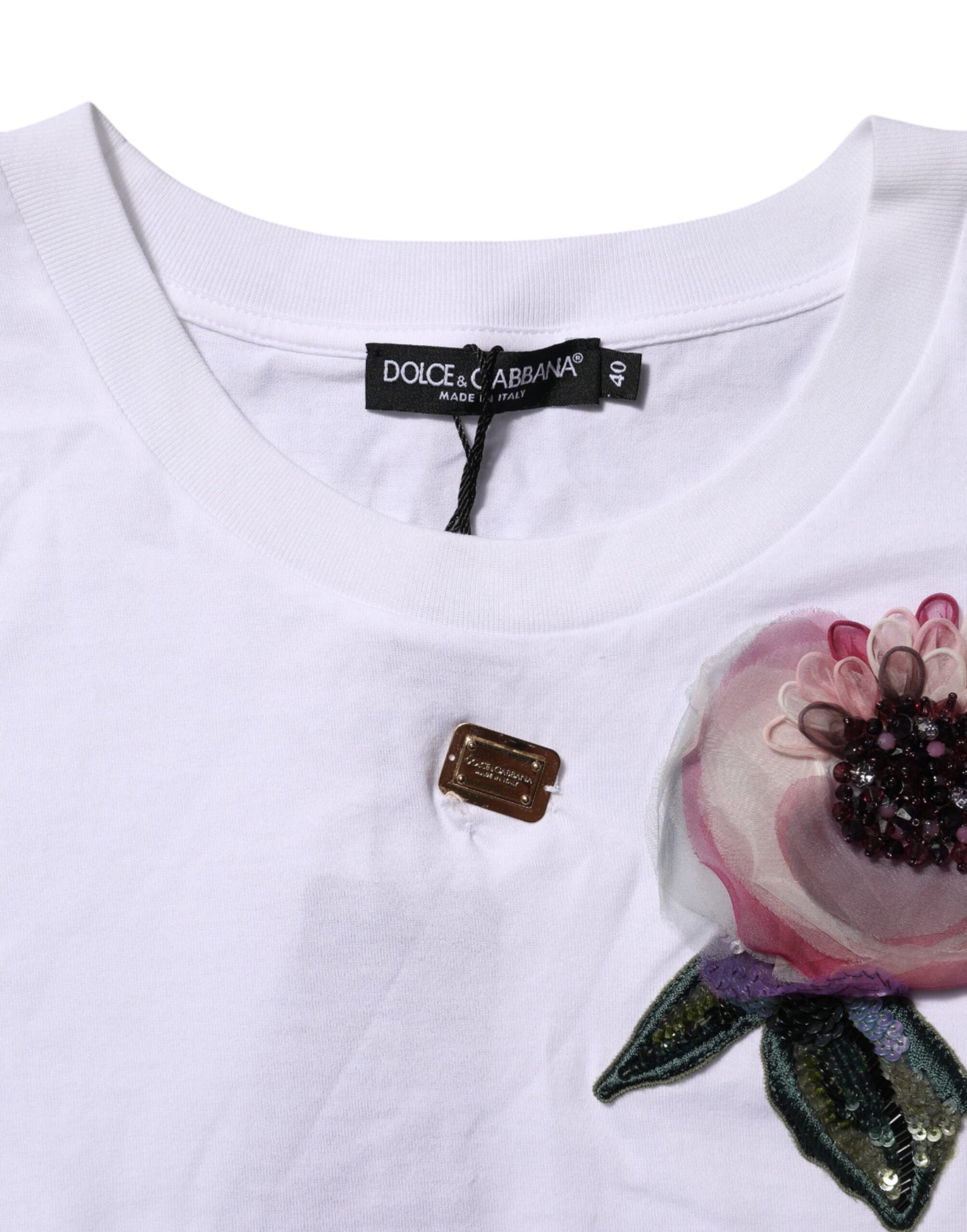 Dolce & Gabbana White Floral Lace DG Detailing Cropped T-shirt by Dolce & Gabbana