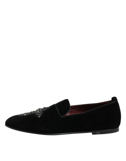 Chaussures habillées en velours noir à couronne de cristal Dolce &amp; Gabbana