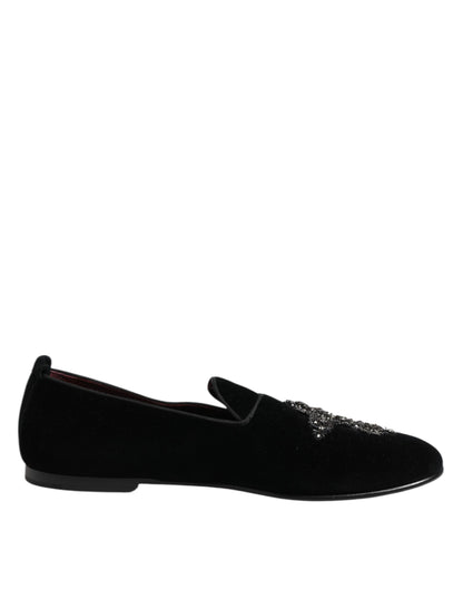 Chaussures habillées en velours noir à couronne de cristal Dolce &amp; Gabbana