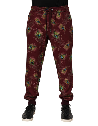 Dolce &amp; Gabbana Burgundy Peacock Feather Print Jogger Pants