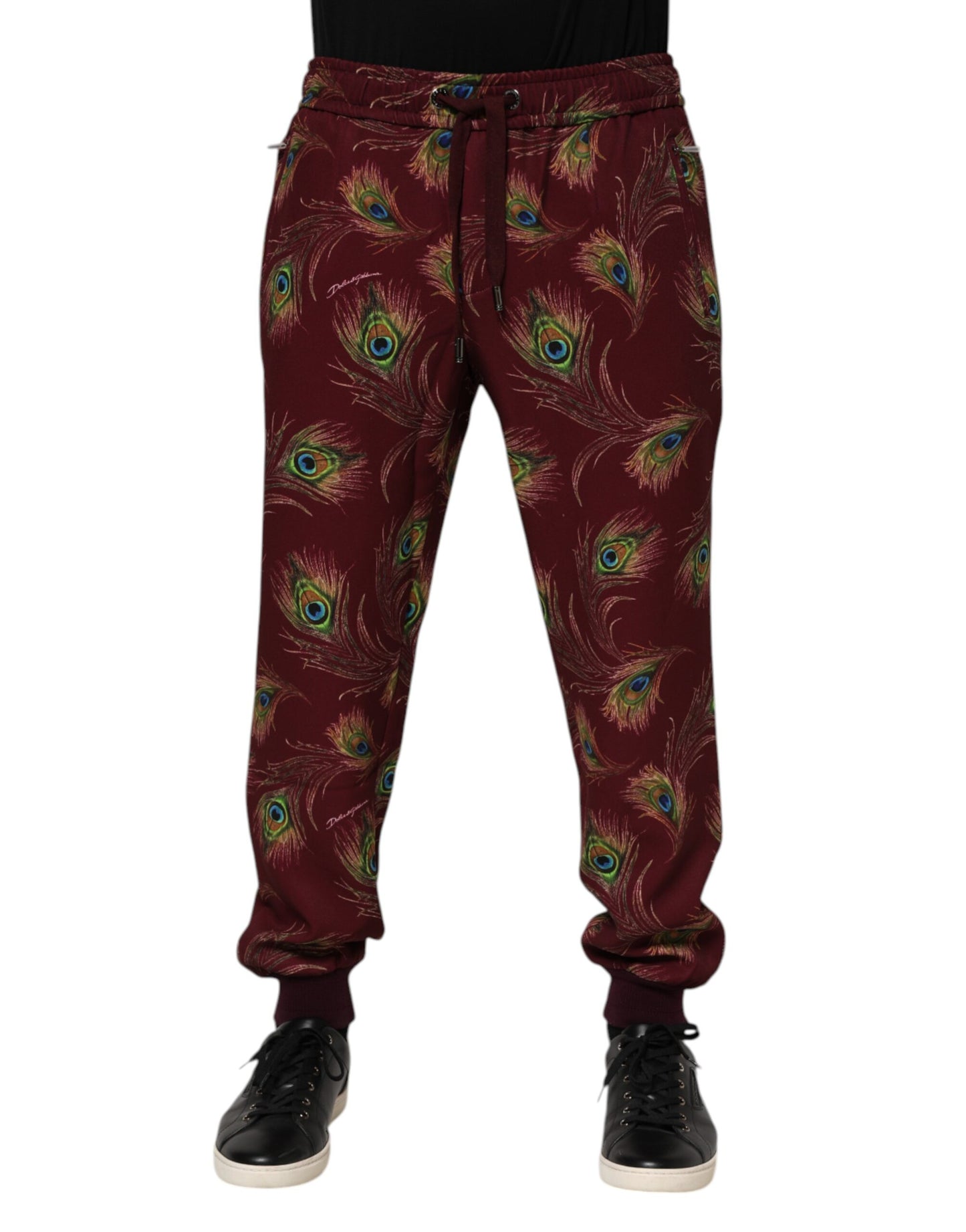 Dolce &amp; Gabbana Burgundy Peacock Feather Print Jogger Pants